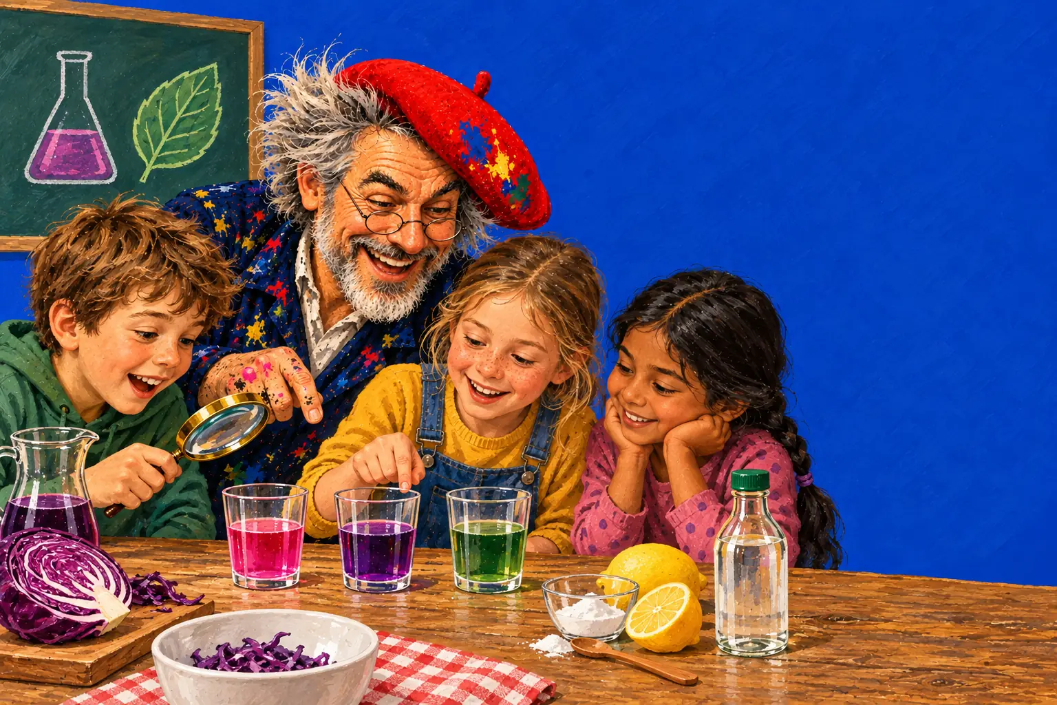 Geschilderde illustratie: drie kinderen en de schilder aan een tafel in de klas, met rodekoolsap in roze, paarse en groene glazen en een vergrootglas.