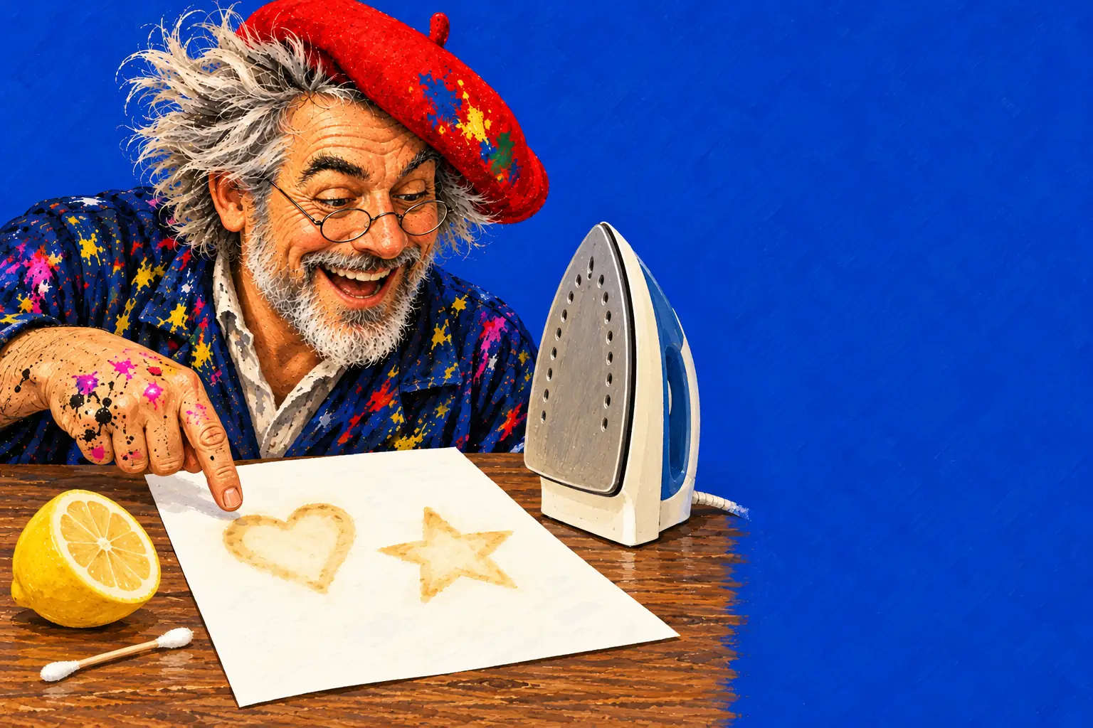 Geschilderde illustratie: de schilder wijst naar een goudbruin hart en een ster die na het strijken op het papier verschenen zijn, met een strijkijzer, een halve citroen en een wattenstaafje.
