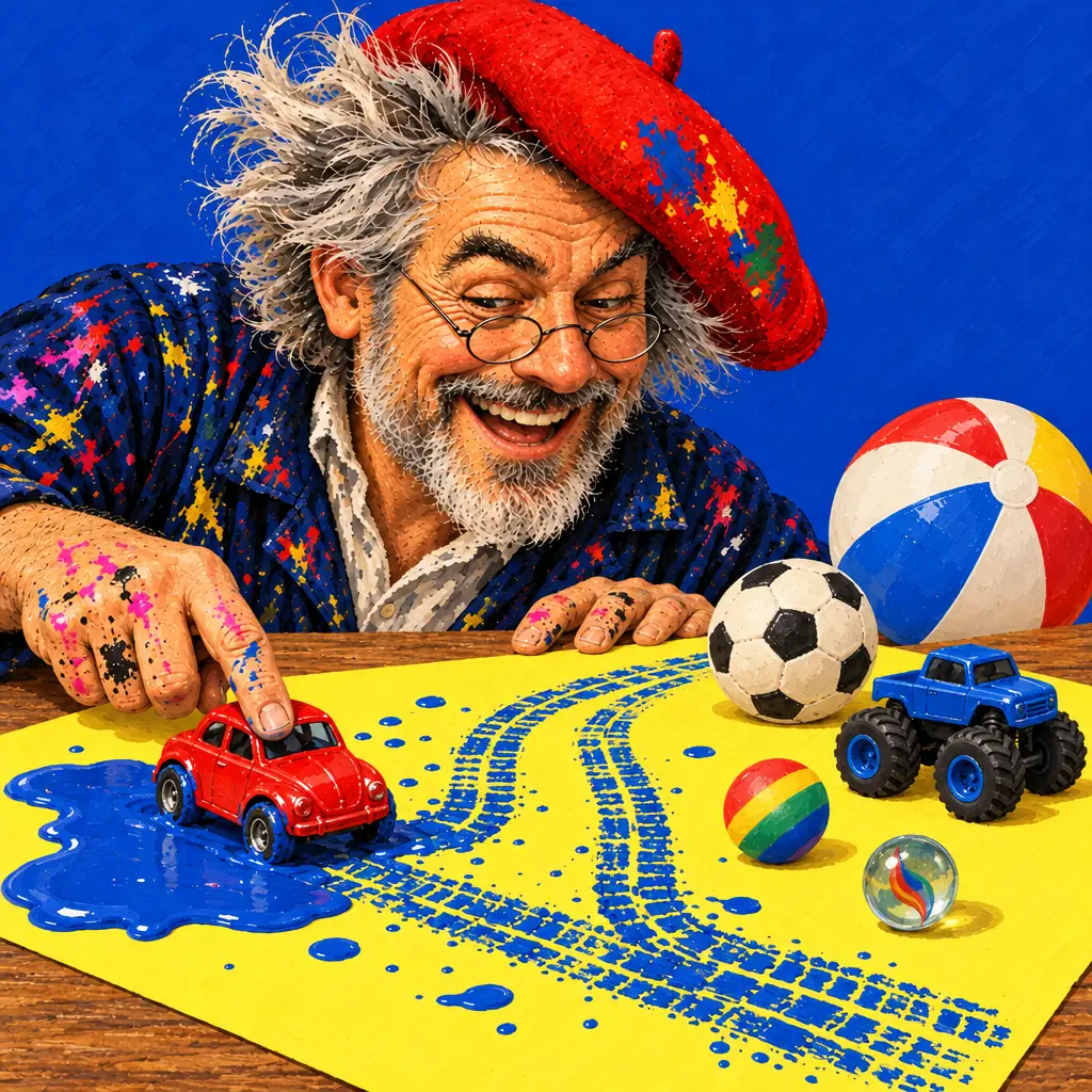 Geschilderde illustratie: de schilder duwt een speelgoedautootje door blauwe verf, zodat er bandensporen achterblijven, naast een monstertruck, een strandbal, een voetbal en een knikker.