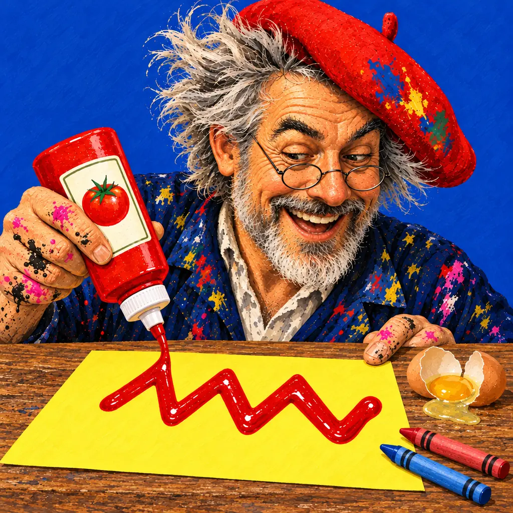 Geschilderde illustratie: een schilder met een grijze baard en een rode baret knijpt een zigzag ketchup op een geel vel, met een gebroken ei, waskrijtjes, een rode kool en een schaaltje kolkende melk.