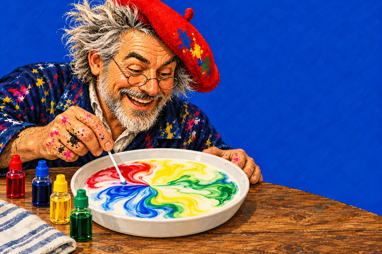 Geschilderde illustratie: de schilder raakt een schaaltje melk aan met een wattenstaafje met zeep, en rode, blauwe, gele en groene kleurstof kolkt naar buiten.