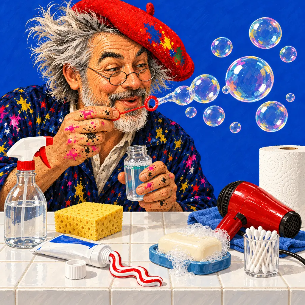 Geschilderde illustratie: de schilder blaast zeepbellen boven een streep tandpasta, een spons, zeepsop, een spuitfles, wattenstaafjes en een föhn.
