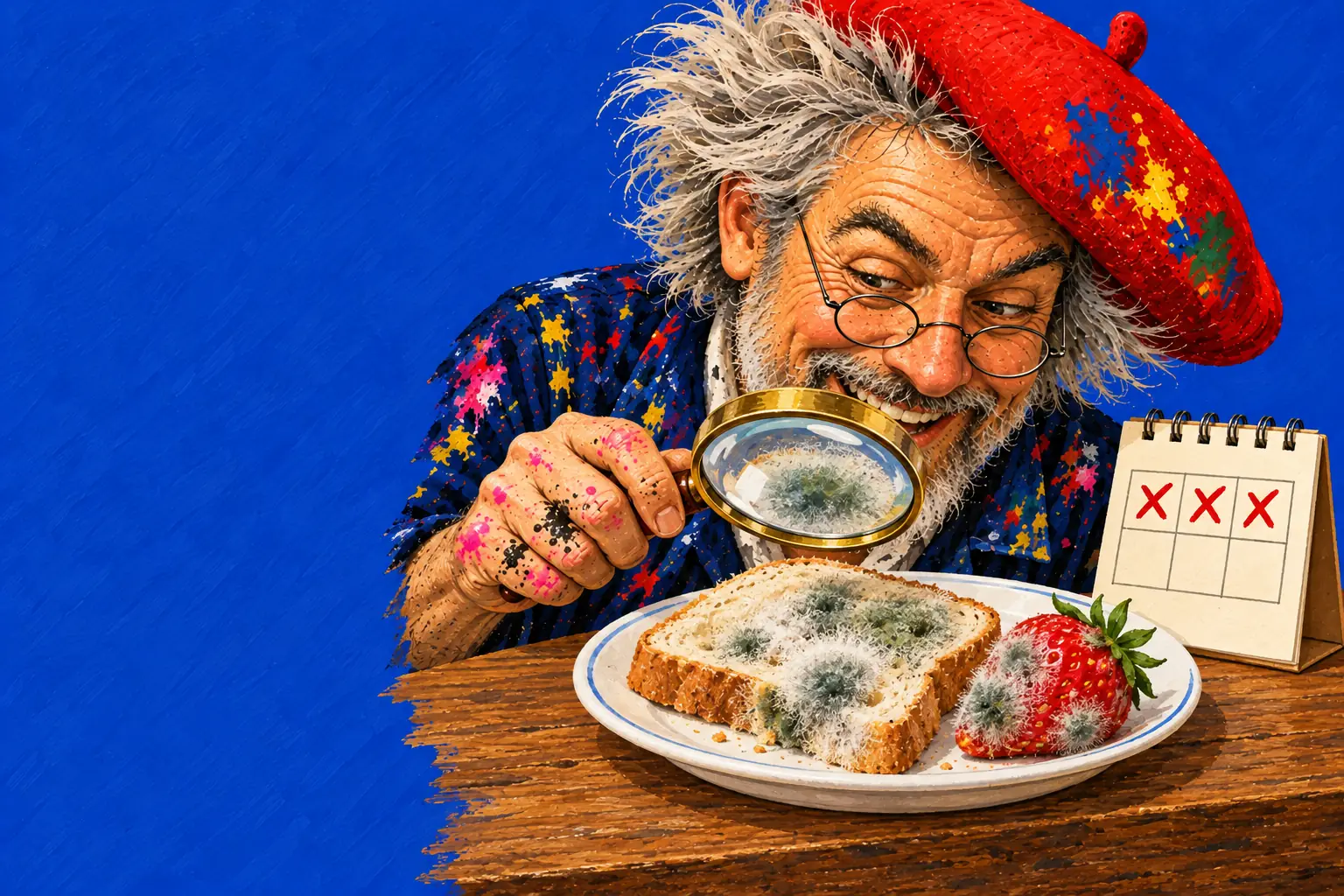 Geschilderde illustratie: de schilder tuurt door een vergrootglas naar brood en een aardbei met pluizige schimmelplekjes, naast een kalender met drie dagen doorgestreept.